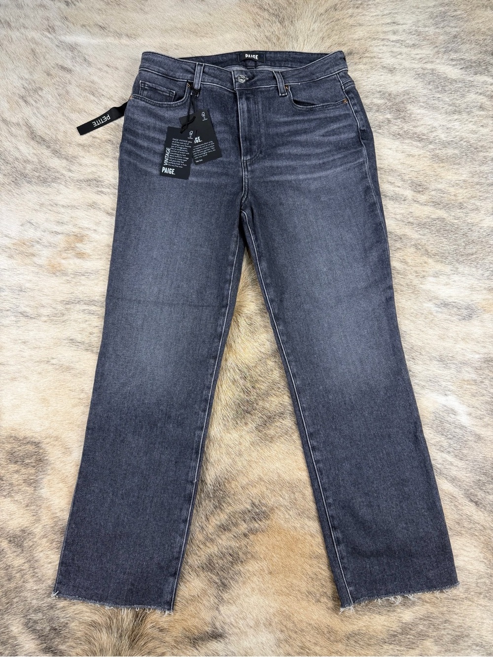 Paige Cindy High Rise Straight Ankle Jeans Ash Black Raw Hem Size 30 Petite NWT